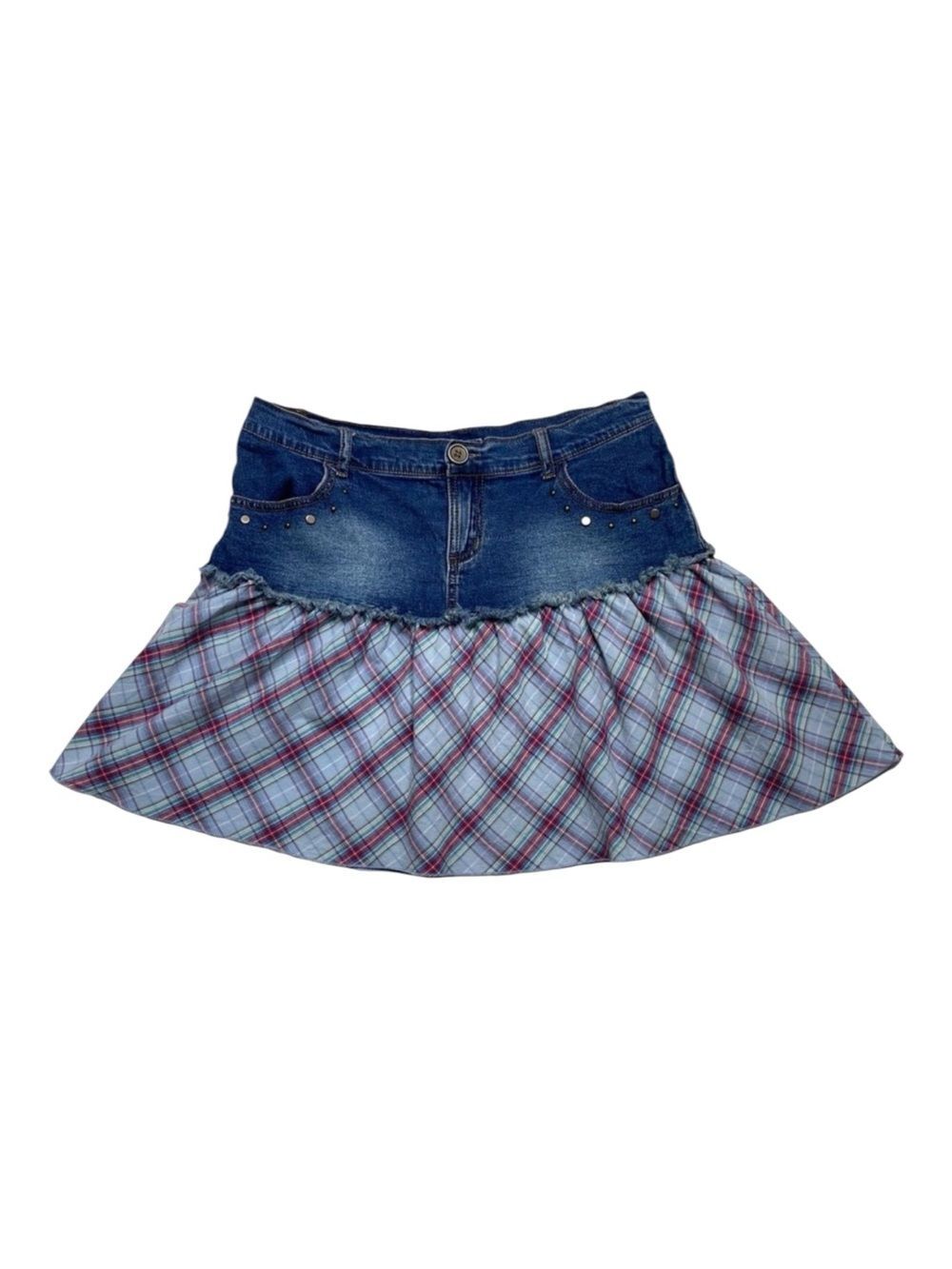 Vintage Sugar Tart Mixed Media Zip Fly Denim Plaid Cotton Mini Skirt Sz L